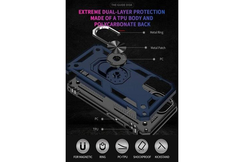 For Apple iPhone 12 Case, Military Grade 360 Degree Rotating Metal Magnetic Ring Car Mount Holder Kickstand Shockproof Heavy Duty Cover (Navy Blue)