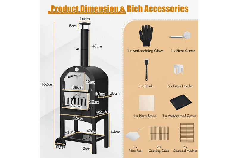 Costway 3-in-1 Outdoor Pizza Oven Maker Portable Woodfired Charcoal Oven Barbecue Camping Grill