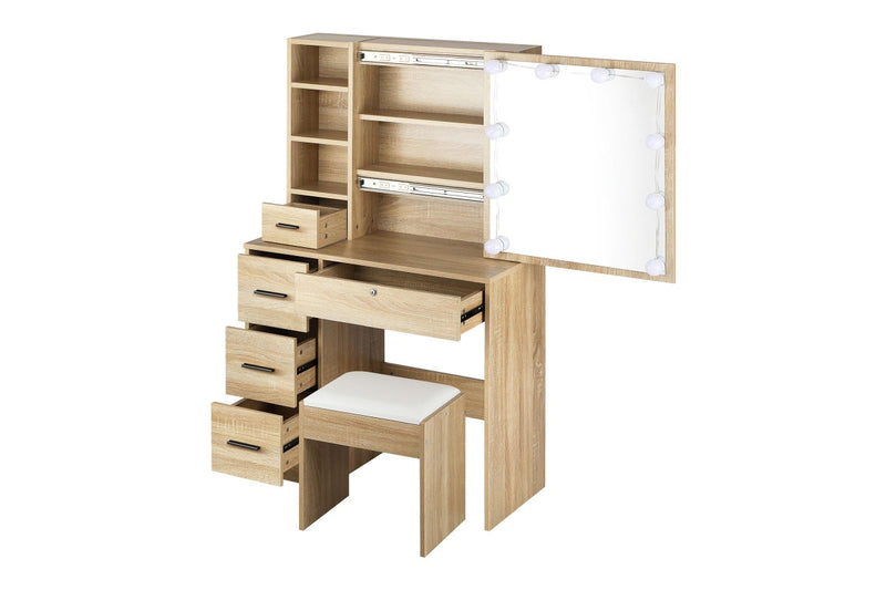 Oikiture Dressing Table Slide Mirror Stool Set(Natural)