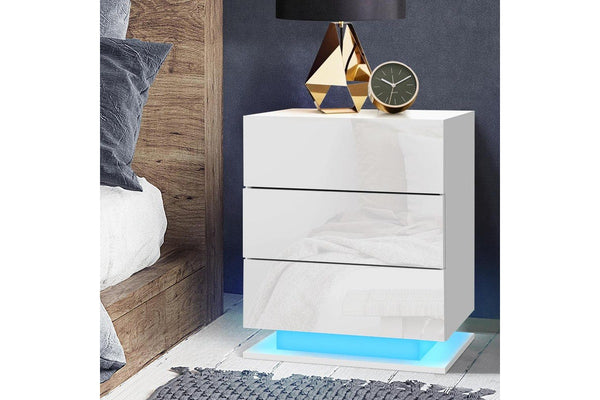 Artiss Bedside Table LED 3 Drawers - MORI White
