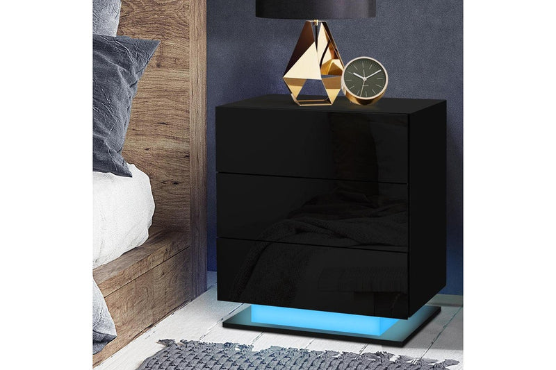 Artiss Bedside Table LED 3 Drawers - MORI Black