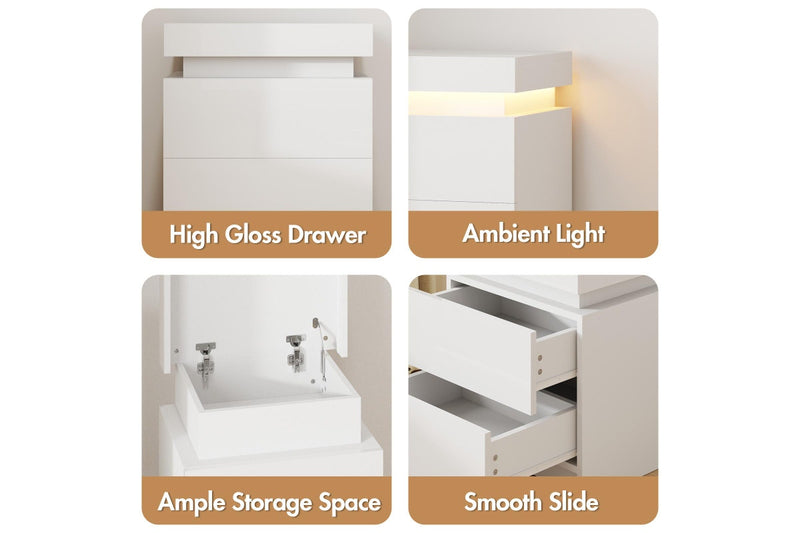 Advwin Set of 2 Bedside Table LED RGB 2 Drawers With Lift Up Storage Nightstand White