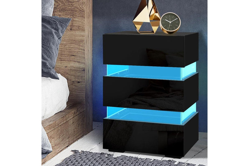 Artiss Bedside Table LED 3 Drawers - LUMI Black