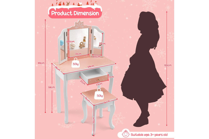 Costway Tri-Folding Mirror Vanity Table Writing Desk Durable Bedroom Furniture Pink