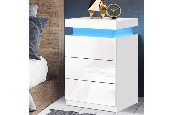 Artiss Bedside Table LED 3 Drawers - COLEY White