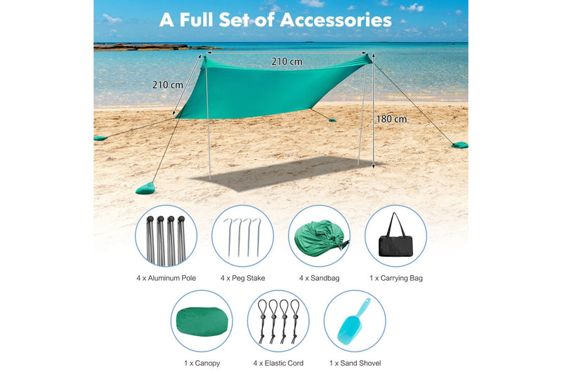 Costway Beach Sunshade Canopy UPF50+ Family Shelter Shade 3-4 Adults w/4 Poles Sandbags Peg Stakes Turquoise