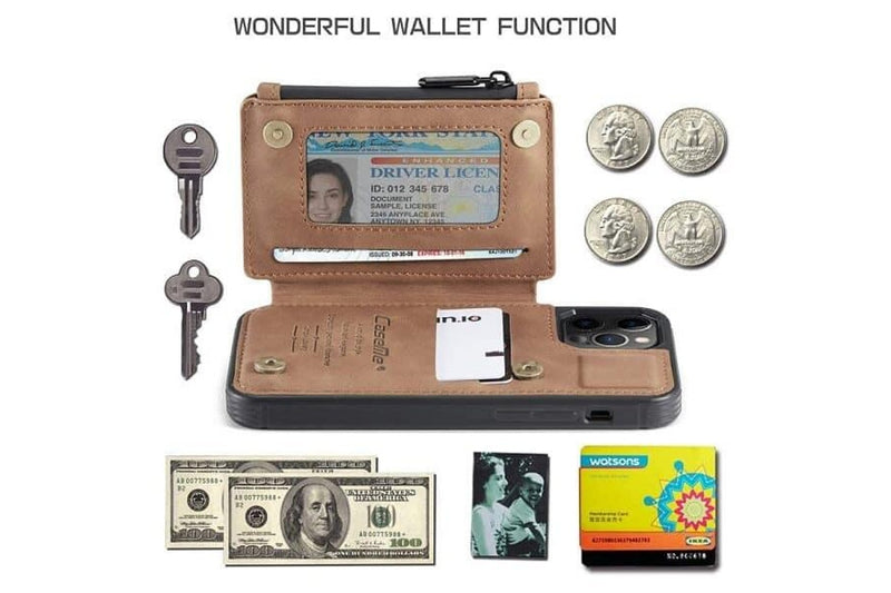 For Apple iPhone 11 pro CaseMe Back Zipper Wallet Case W/ 3 Card Slots, RFID Blocking, 1 Money Pocket, Credit Card Holder Leather Cover (Brown)