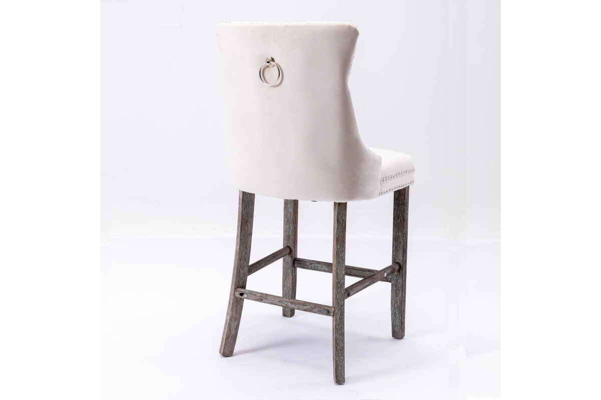 4X Velvet Bar Stools With Studs Trim Wooden Legs Tufted Kitchen Dining Chairs