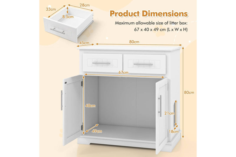 Costway Cat Litter Storage Cabinet Box Enclosure Double Door Cat House Pet House Crate Cabinet White