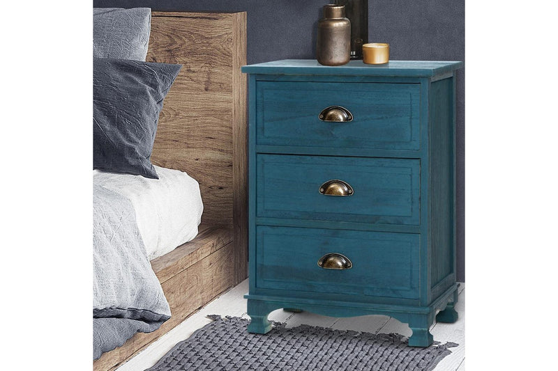 Artiss Bedside Table 3 Drawers Vintage - THYME Blue