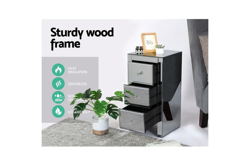 Artiss Bedside Table 3 Drawers Mirrored Glass - QUENN Grey