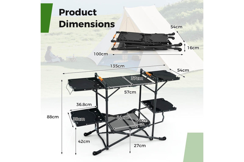 Costway Camping Kitchen Table Outdoor Cook Station Aluminum w/Heat-Resistant Tabletop, 4 Side Tables