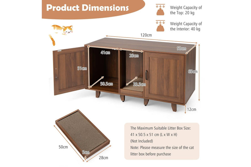 Costway Wooden Cat Litter Storage Cabinet Double Door Cat House w/Scratch Pad Coffee