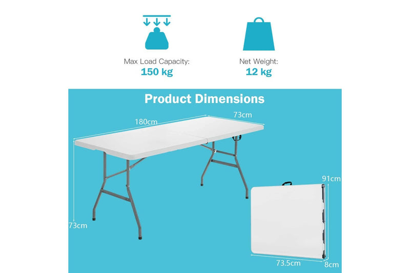 Costway 180cm Camping Table Folding Study Desk Picnic Dining 150kg Weight Capacity w/Carrying Handle