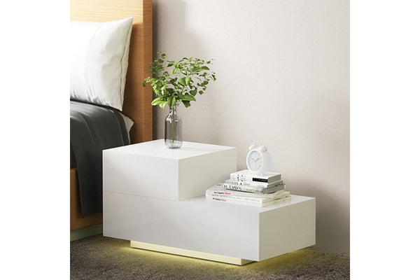 Artiss Bedside Tables LED 2 Drawers - REMI White
