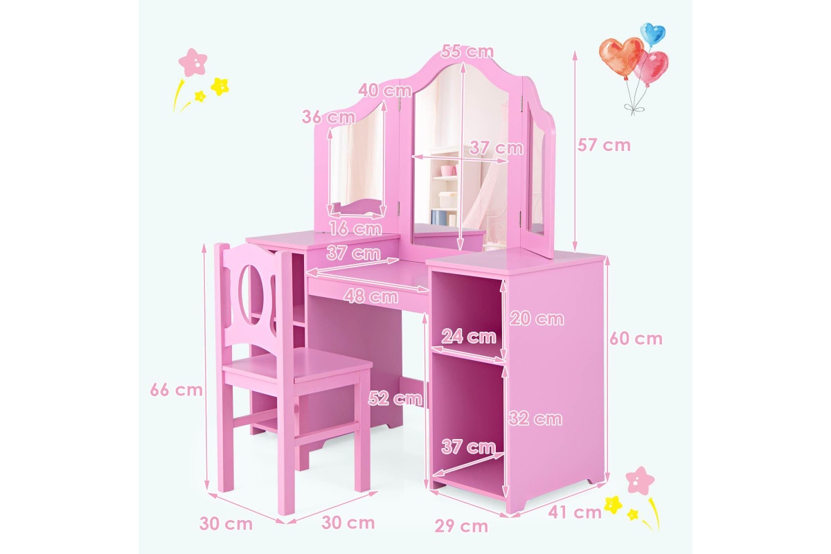 Giantex 2-in-1 Kids Vanity Table and Chair Set Makeup Dressing Table w/Mirror Children Study Writing Desk Pink