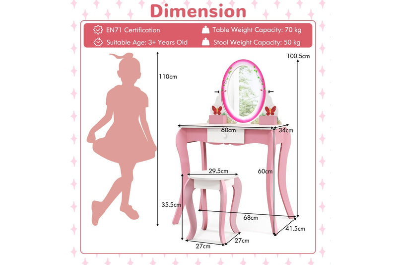 Giantex 2-in-1 Kids Vanity Table Stool Set Rotatable Mirror Makeup Table Princess Dressing Table w/Whiteboard & 4 Markers & Drawer