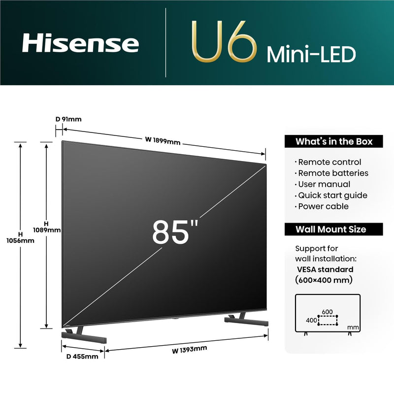 Hisense 85" U6NAU Mini-LED 4K QLED Smart TV [2024]