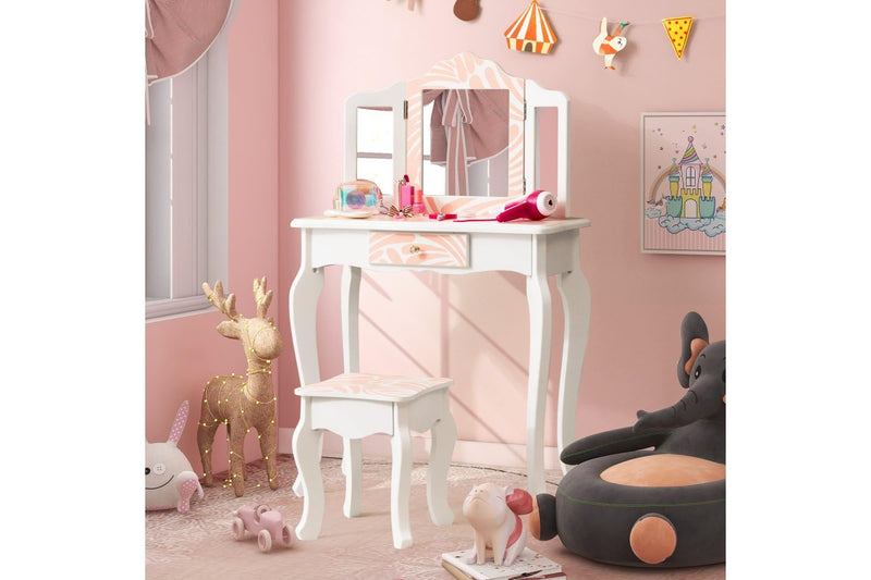 Giantex 2 in 1 Kids Vanity Table Set Toddler Pretend Play Makeup Dressing Table w/Mirror & Stool Writing Desk