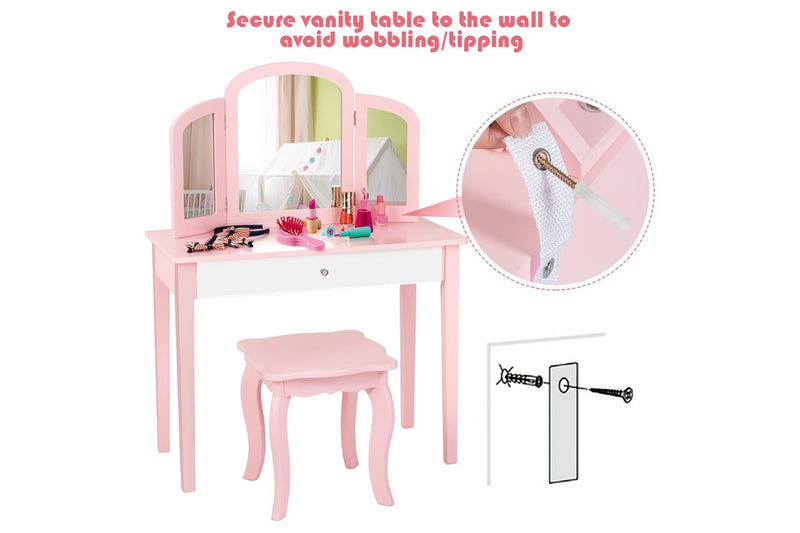 Giantex Kids Makeup Dressing Table Stool Set Mirror Princess Children Birthday Gift,Pink