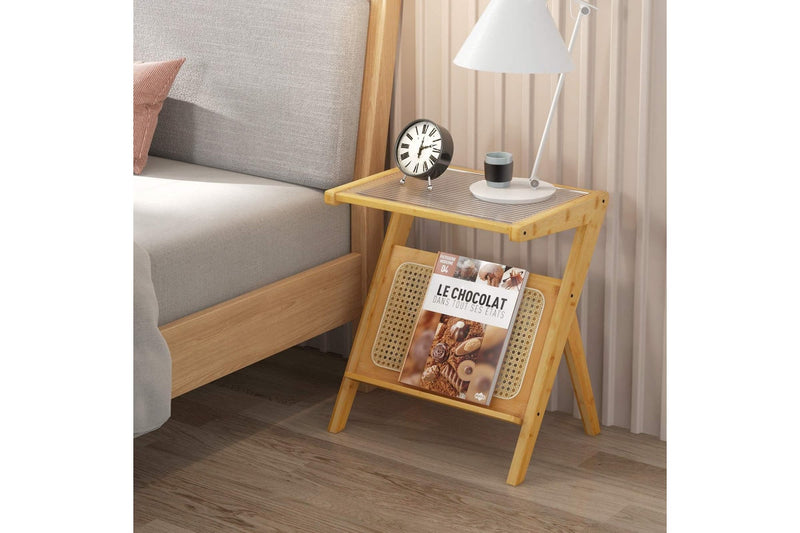 Giantex Boho Bedside Table Bamboo Nightstand Sofa Side Accent Table w/Glass Tabletop & Rattan Rack, Natural