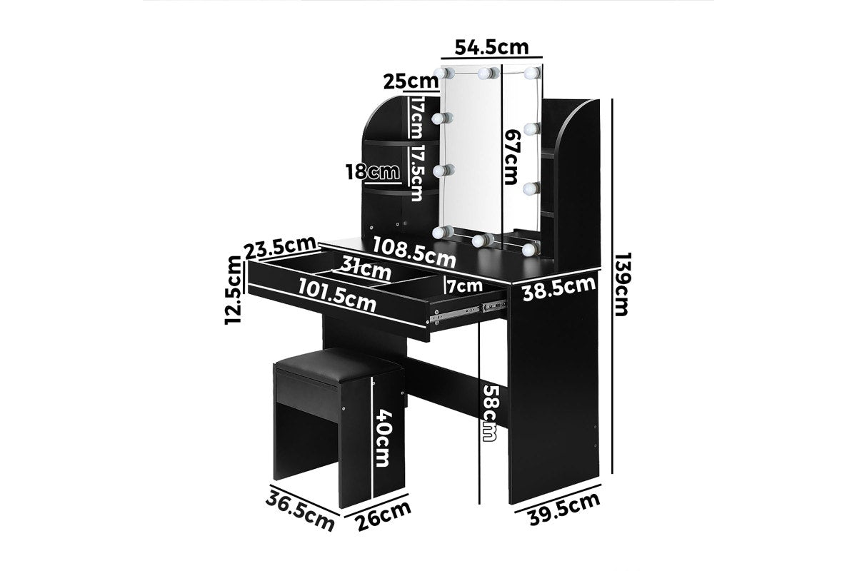 Oikiture Dressing Table Stool Mirror 10 LED Bulbs(Black)