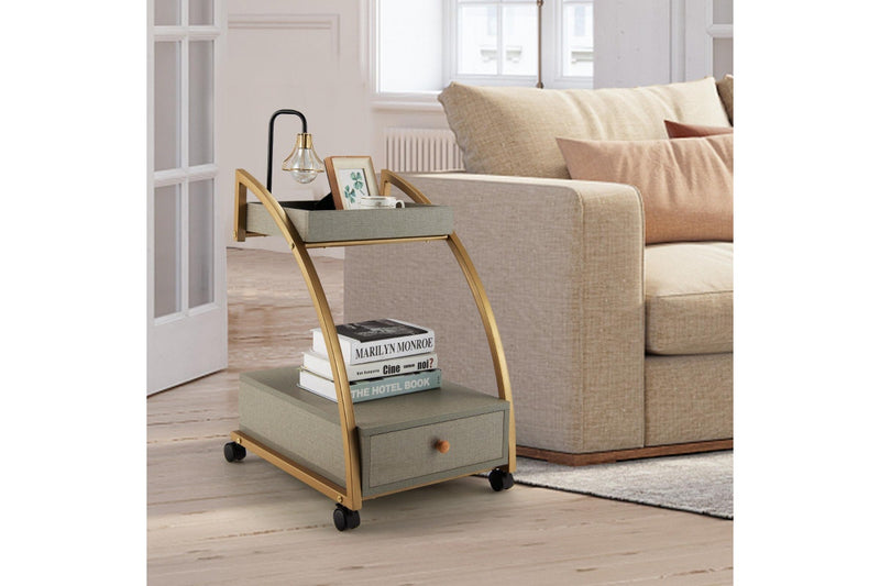 Giantex 2-tier Mobile End Table C-Shaped Sofa Side Table w/Lockable Wheels & Drawer Mobile Serving Cart Grey