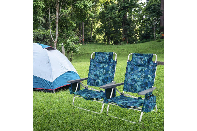 Costway 2x Folding Reclining Beach Chairs Camping Arm Chairs Outdoor Fishing Picnic w/ 5-Position Backrest & Head Pillow