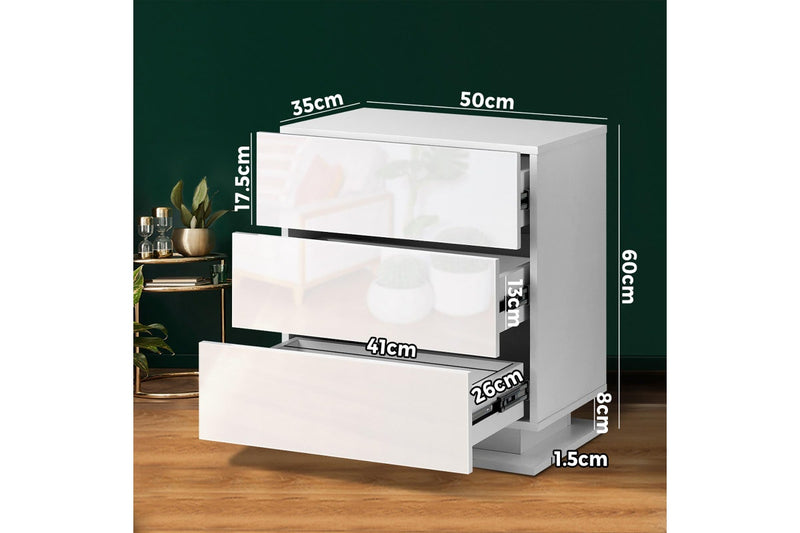 Oikiture LED Bedside Table 3 Drawers White