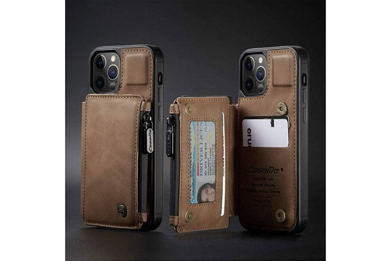 For Apple iPhone 11 pro CaseMe Back Zipper Wallet Case W/ 3 Card Slots, RFID Blocking, 1 Money Pocket, Credit Card Holder Leather Cover (Brown)