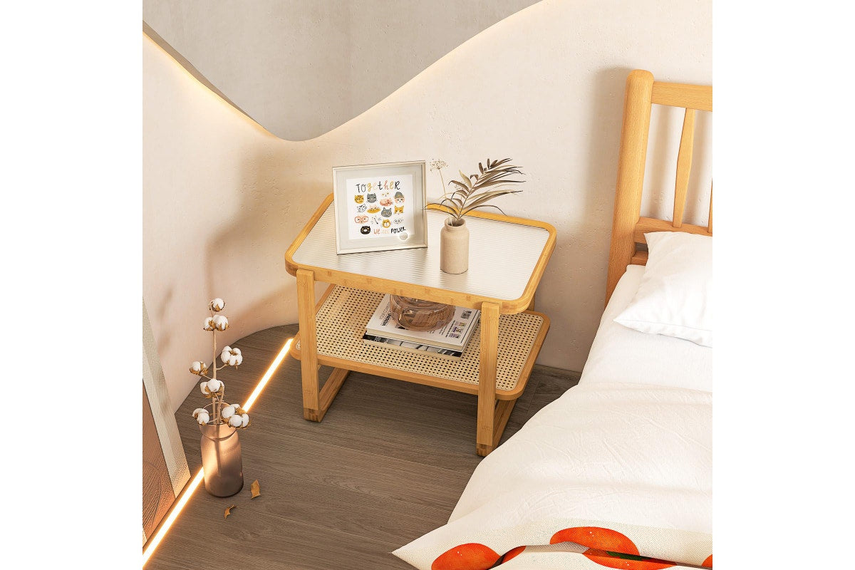 Giantex 2-Tier Bamboo Bedside Table Compact End Table Sofa Side Table w/Glass Tabletop & Rattan Shelf, Natural