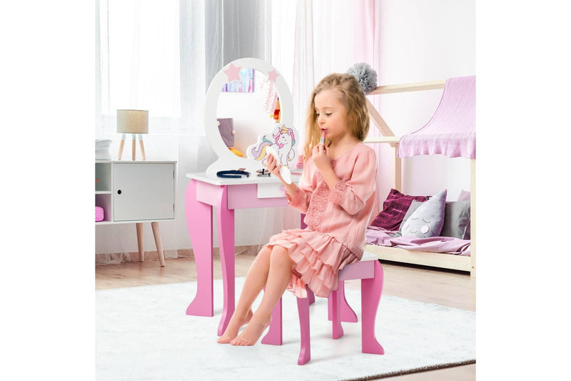 Costway Wooden Vanity Table Set Vanity Princess Makeup Dressing Table Set w/Mirror Pink