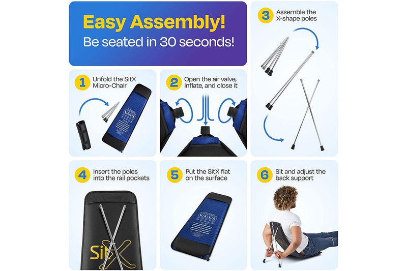 SitX AirPro Inflatable Foldable Portable Pocket-Sized Camping Chair Blue Black