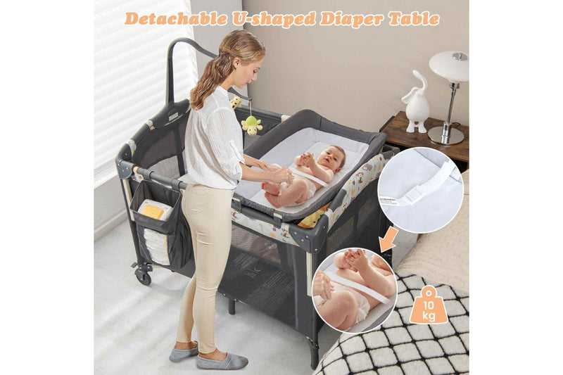 Costway 4-IN-1 Portable Travel Cot Portacot kid Co Sleeper Bedside Bassinet Playpen Cradle Adjustable Height w/Mattress &Toy Rack