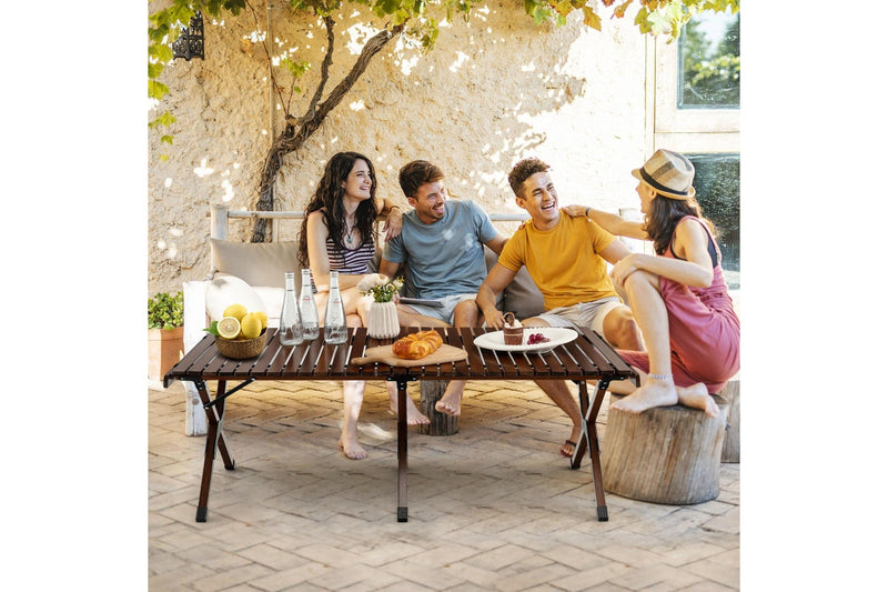 Costway Portable Egg Roll Camping Table Folding Bamboo Picnic Table Camping table Outdoor w/Carry Bag Brown