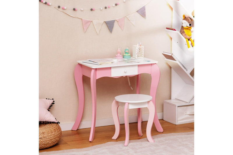 Giantex 2-in-1 Kids Vanity Table Stool Set Rotatable Mirror Makeup Table Princess Dressing Table w/Whiteboard & 4 Markers & Drawer
