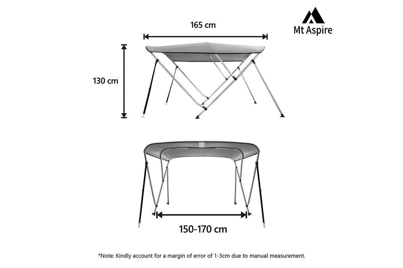 MT ASPIRE 3 Bow 1.5m-1.7m Grey Boat Bimini Top Canopy Aluminium Cover 600D Polyester