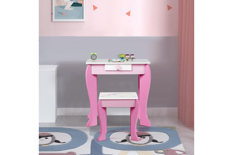 Giantex Kids Vanity Table & Chair Set Princess Makeup Dressing Table w/Mirror & Stool 2 in 1 Vanity Set Writing Desk