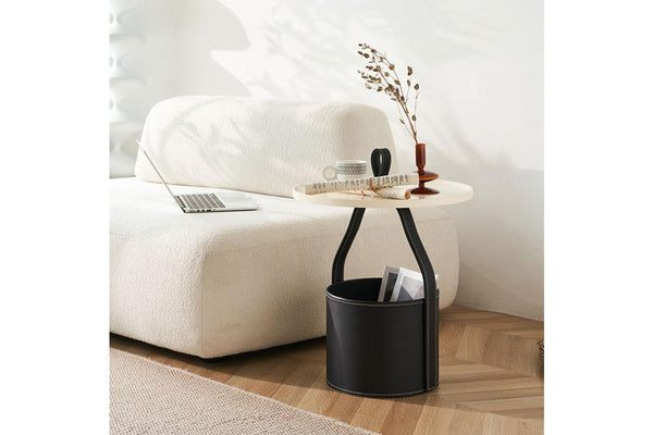 Modern Round Side Table with Storage and Leather Basket - Black