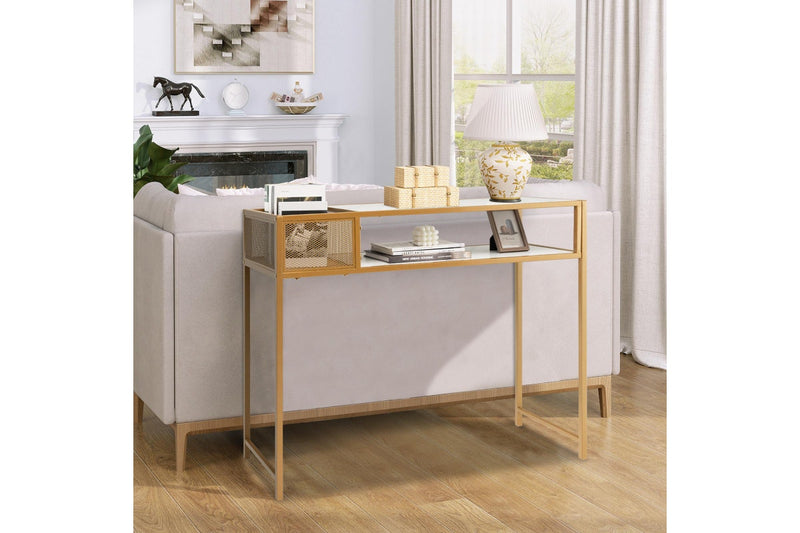 Giantex Console Table 2-tier Faux Marble Sofa Table w/ Open Shelf Modern Entryway Table White