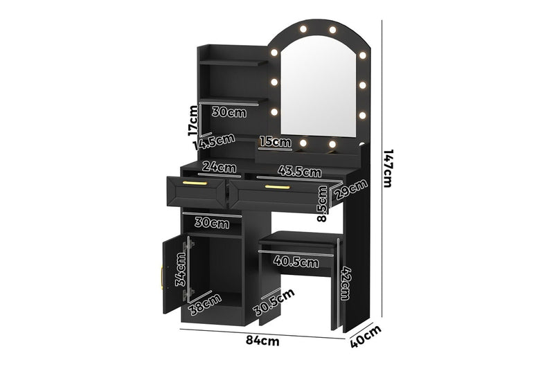 Oikiture Dressing Table Stool Set 12 LED Bulbs (Black)