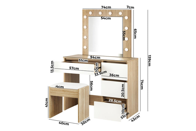 Oikiture Dressing Table Stool Set 12 LED Bulbs(Natural)