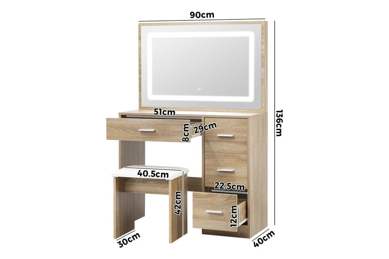 Oikiture Dressing Table Stool Set LED Light(Natural)
