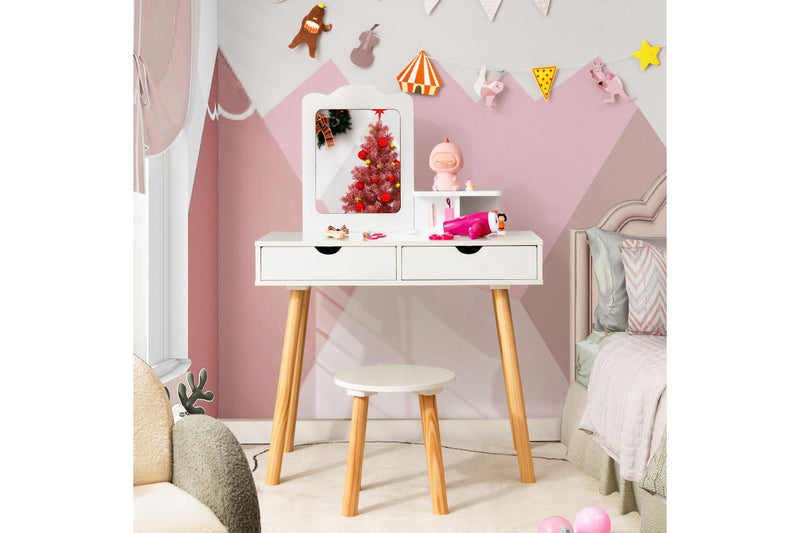 Giantex 2-in-1 Kids Vanity Table & Stool Set Makeup Dressing Table Princess Pretend Playset w/Removable Mirror & Drawer White