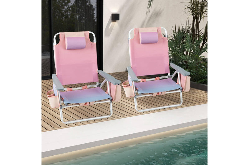 Costway 2-Pack Folding Backpack Beach Chair Portable Camping Stool w/Cup Holder Storage Pocket 5-Position Outdoor Reclining Chair