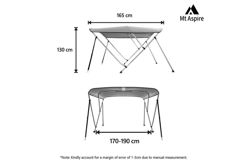 MT ASPIRE 3 Bow 1.7m-1.9m Grey Boat Bimini Top Canopy Aluminium Cover 600D Polyester