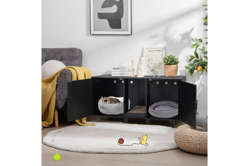 Costway Wooden Cat Litter Storage Cabinet Double Door Cat House w/Scratch Pad Black