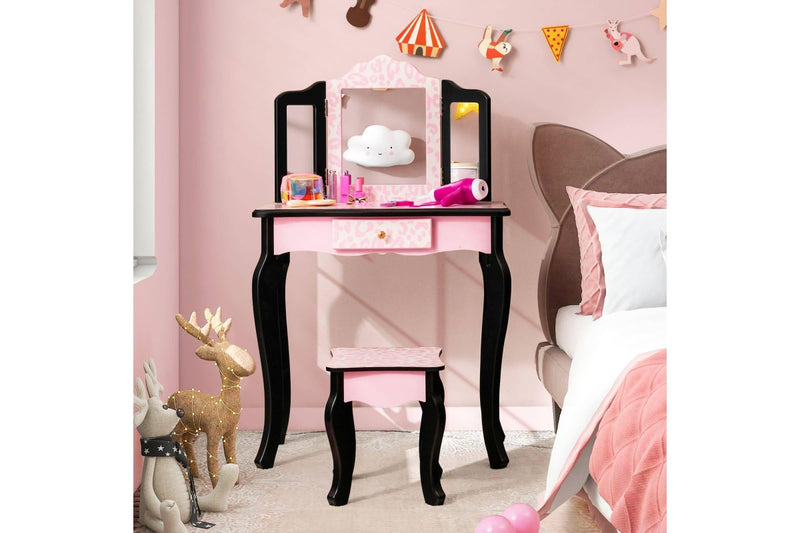 Costway Bedroom Dresser Vanity Table Stool Set w/ Tri-Folding Mirror Bedroom Furniture Pink