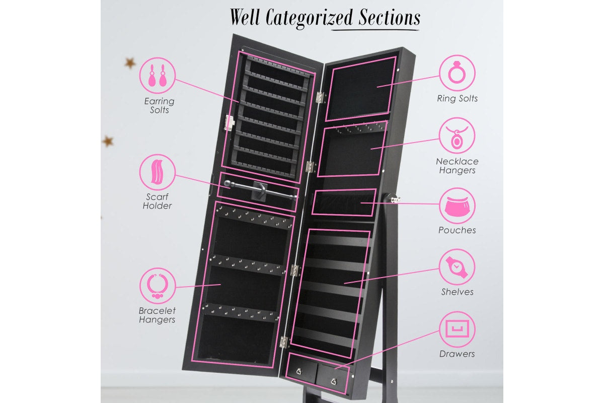 Black Mirror Jewellery Cabinet LOWE 146cm Organiser 2 Drawers