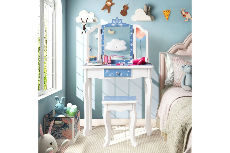 Costway Dressing Table Vanity Table & Stool Set Princess ren Gift Furniture Blue